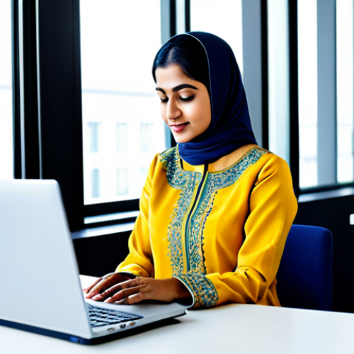 **

"A professional woman in a modest salwar kameez, working on a laptop in a bright, modern co-working space, fully clothed, appropriate attire, safe for work, perfect anatomy, natural proportions, professional photography, high quality, family-friendly."

**