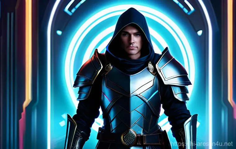 아레스 초보자 가이드 - **Prompt:** A young, determined adventurer, male or female, standing in front of a futuristic hologr...