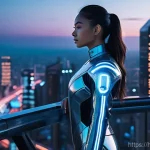 Home 9 아레스 설정 스토리 요약 - **Futuristic Cybernetic Urban Explorer**
A young woman stands on a glowing, transparent sky-brid...