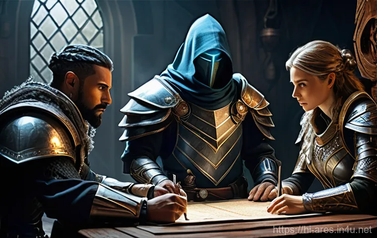 아레스 PvP 경기장 전략 - **Prompt 1: The Unified Strategists**
A diverse team of five heroic fantasy characters, fully cl...